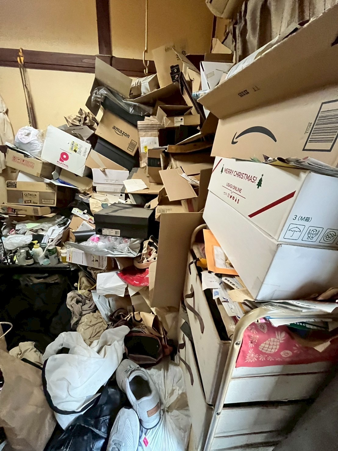 東京都練馬区石神井の売却前戸建てでダンボールや生活ゴミが堆積した室内の片付け前写真